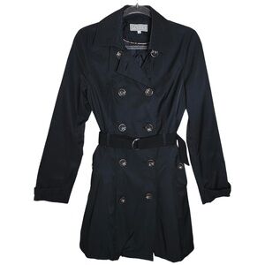 Pelle Studio Size Medium Double Button Solid Black Belted Trench Coat